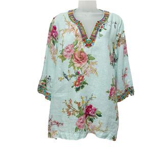 John Mark Floral Ramie Tunic Top Medium Embroidered Boho Cottagecore Beach